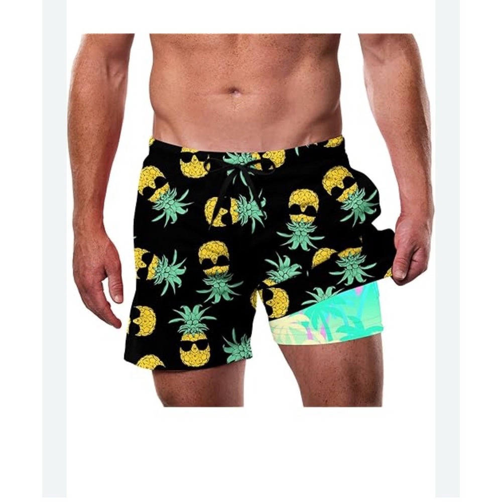 Men's Quick Dry Swim Trunks with Compression Liner Inseam Pockets Pineapple Med